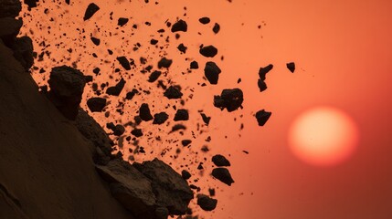 capitulating. Volcanic eruption launching rocks into a dark red sky, dramatic natural scene. travel magazines, destination branding, designed for travel destination branding, used by store managers.
