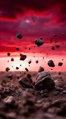 capitulating. Volcanic eruption launching rocks into a dark red sky, dramatic natural scene. travel magazines, destination branding, designed for travel destination branding, used by store managers.
