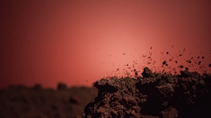 capitulating. Volcanic eruption launching rocks into a dark red sky, dramatic natural scene. travel magazines, destination branding, designed for travel destination branding, used by store managers.
