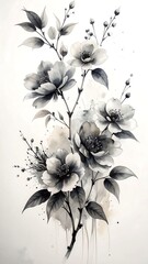Monochrome watercolor floral arrangement on a white backdrop