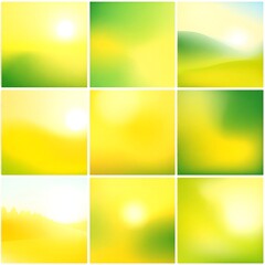 Nine abstract sunny landscapes in shades of yellow and green