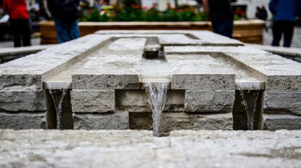 fountainhead. A classical stone water fountain sculpture in a town square, water flowing from its crevices. real-estate listings.
