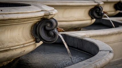 fountainhead. A classical stone water fountain sculpture in a town square, water flowing from its crevices. real-estate listings.
