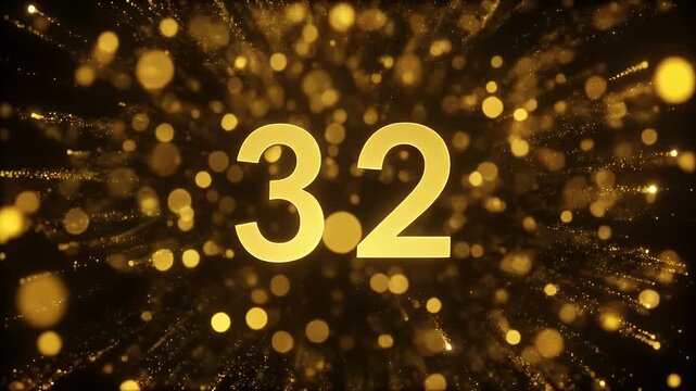 Glowing number 32 with golden bursts against black