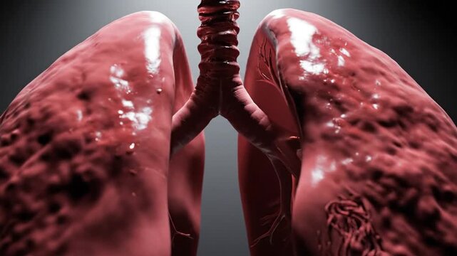 Human lungs, inflamed lungs, damaged lungs, respiratory system, lung disease, close-up, 3D illustration, dark background, medical concept. Healthy and sick lung comparison not shown. Lung detail