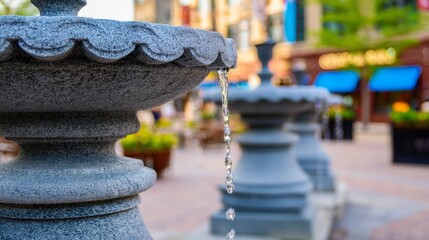 fountainhead. A classical stone water fountain sculpture in a town square, water flowing from its crevices. real-estate listings.
