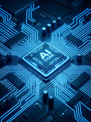 AI core chip with glowing blue circuitry on futuristic motherboard