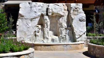 fountainhead. A classical stone water fountain sculpture in a town square, water flowing from its crevices. real-estate listings.
