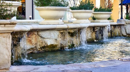 fountainhead. A classical stone water fountain sculpture in a town square, water flowing from its crevices. real-estate listings.
