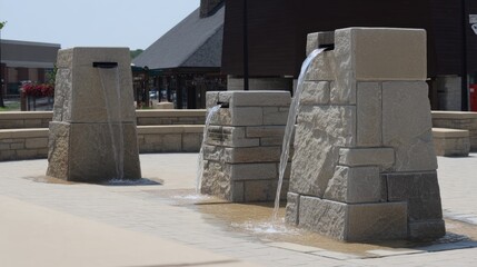 fountainhead. A classical stone water fountain sculpture in a town square, water flowing from its crevices. real-estate listings.
