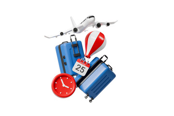 3d christmas travel luggage icon. holiday travel concept. minimal cartoon christmas flight booking for sale banner and social media ad. isolated on white background. 3d render.