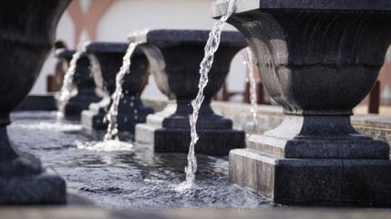 fountainhead. A classical stone water fountain sculpture in a town square, water flowing from its crevices. real-estate listings.
