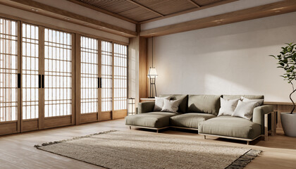 Modern Japanese Living Room with Comfortable Sofa, Soft Lighting, and Natural Wood Accents