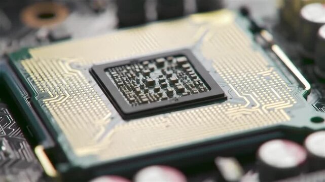 Dynamic close up macro shot of computer CPU processor chip being installed onto a motherboard socket for powerful computing