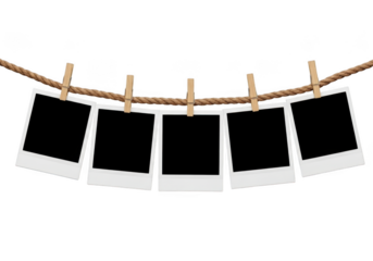 Five photo frames on rope with pegs isolated on transparent background