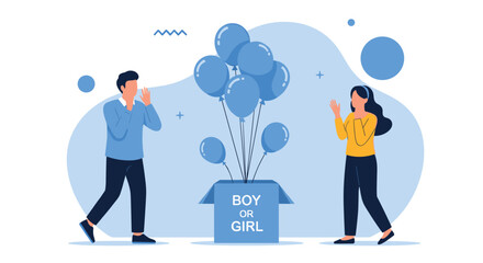 Happy couple at a gender reveal party, surprised and excited as blue balloons emerge from a box, announcing it is a boy.
