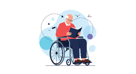 Elderly man in a wheelchair enjoying a peaceful moment outdoors, deeply engrossed in reading a book with birds flying nearby.