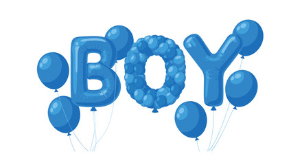 The word 'BOY' spelled out with blue foil and cluster balloons for a baby shower or gender reveal party celebration.