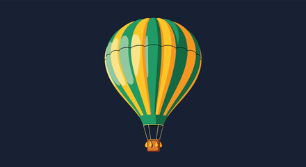Fototapeta premium Vintage-style hot air balloon with green and yellow stripes floating gracefully against a solid dark blue evening sky background.
