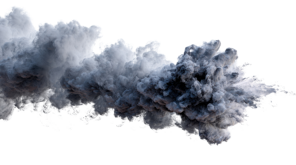Explosive dark gray smoke plume spreading, creating a dynamic blast effect with a transparent background