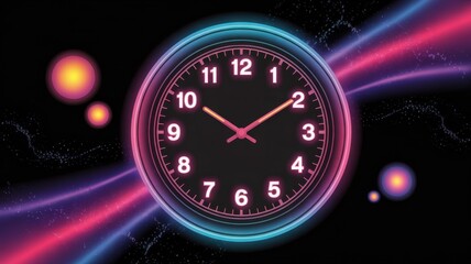 Time's Illuminated Embrace: A modern clock, radiating a vibrant glow, suspended amidst dynamic streaks and orbs, symbolizing the continuous flow of time. 