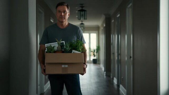 Thoughtful man carries a box of plants and memories down a hallway, symbolizing new beginnings and