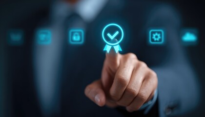 Digital certification process corporate office technology interaction professional environment close-up view quality assurance concept