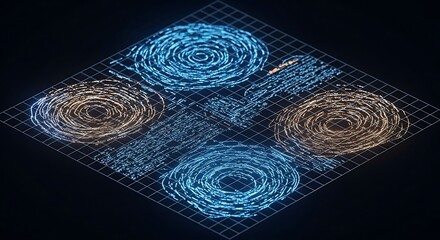 Dynamic digital data visualization featuring glowing blue and orange vortex patterns on a futuristic grid surface for cybersecurity concepts