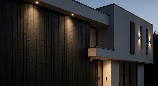 Modern Architectural Home Exterior with Warm Illumination at Dusk.