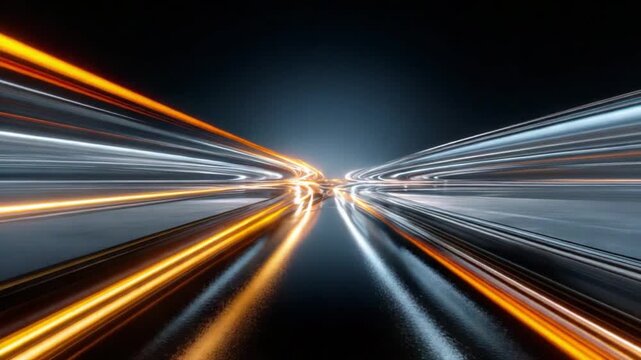 Lights of speed: Dynamic light trails converge against a dark backdrop, symbolizing the relentless momentum of progress and innovation. Capturing the essence of speed, technological advancement.