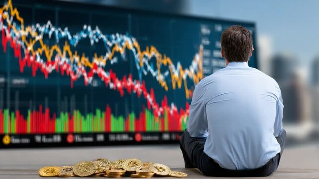 Financial Foreboding: A lone individual contemplates the ebb and flow of financial markets, the downward trend mirrored by the scattered coins, casting a shadow of uncertainty and concern.