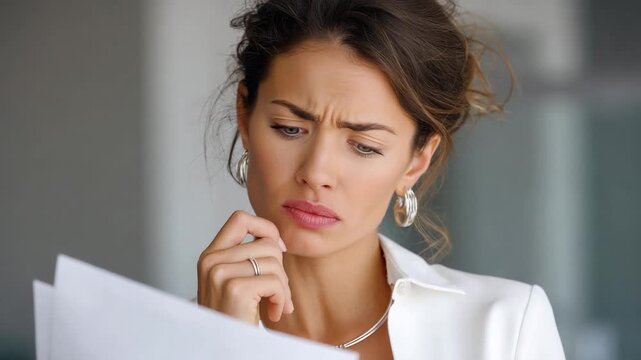 Deep Thought: A focused woman intently studies documents, her brow furrowed with concentration, capturing a moment of profound introspection.