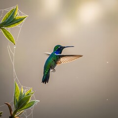Obraz premium Iridescent green hummingbird hovering gracefully in soft morning light.