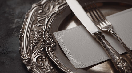 elegant table card, vintage dinner setting, blank menu on silver plate
