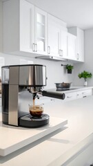 Modern kitchen with espresso machine pouring coffee into a glass