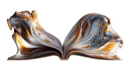 Open book with flowing liquid pages creating abstract art and vibrant marble patterns, transparent background