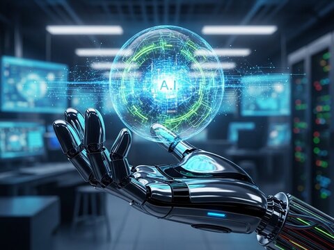 Sleek robotic hand delicately holding a glowing sphere representing artificial intelligence data management in a modern server room setting - Powered by Adobe