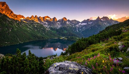 Scenic mountain range and serene lake surrounded by lush green foliage and wildflowers at sunset