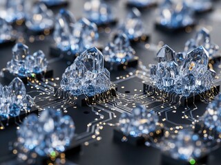 Stunning conceptual rendering of clear quartz crystals generating data flow across a futuristic glowing circuit board for digital finance