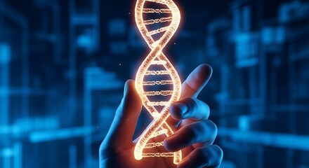Scientist holding glowing orange DNA helix structure in abstract futuristic blue laboratory setting for breakthrough genetic research