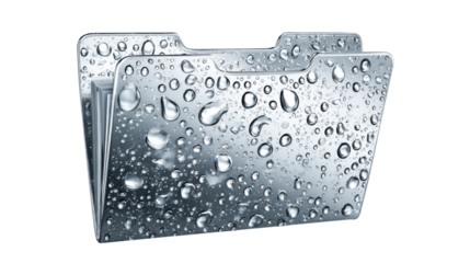 Wet folder icon with water drops representing data security, cloud storage, and digital protection on transparent background