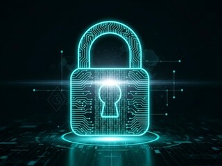 Stunning digital padlock glows with vibrant cyan circuitry representing unbreakable cybersecurity and data protection in a dark tech environment