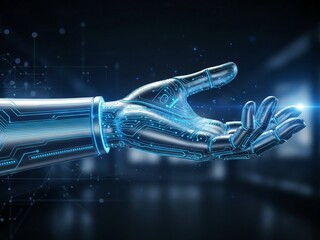 Stunning futuristic robotic hand glowing with vibrant blue circuit patterns reaching out in a dark digital space