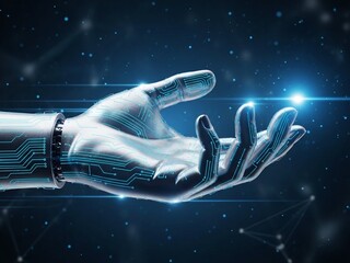 Stunning robotic hand with glowing circuits reaching out into a futuristic digital network space symbolizing artificial intelligence innovation