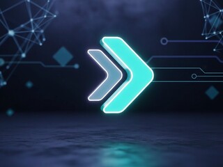 Vibrant neon progress arrow glows dynamically on dark futuristic background suggesting digital speed and technology advancement