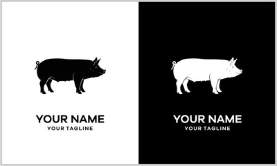 Minimalist black and white pig silhouette logo design concept presented on contrasting backgrounds.