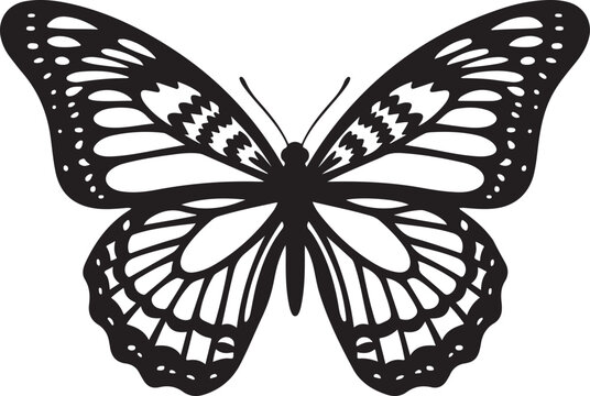 Butterfly silhouette with intricate wing details black vector illustration isolated on transparent background