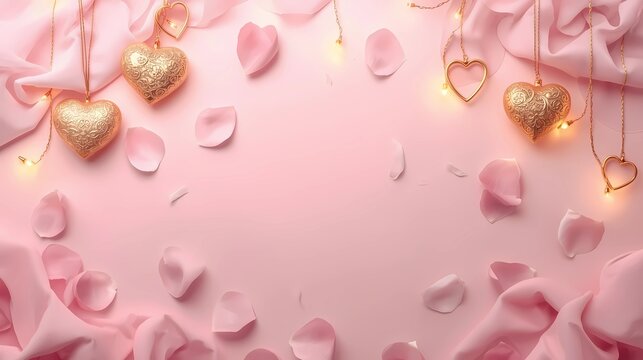 "Luxury Valentine background with soft pink&ndash;gold tones, elegant heart ornaments, glowing romantic lights, delicate rose petals, smooth gradients, and a clean empty space for text. Premium, unique, cla