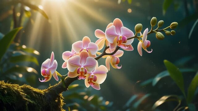 Close-up of delicate light pink orchids blooming on a branch in a lush green environment, bathed in warm sunlight.