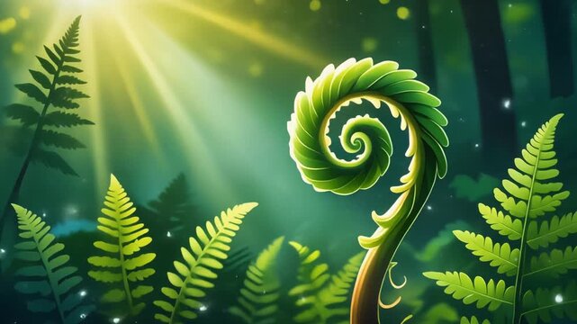 Vibrant green fiddlehead fern unfurling in a sunlit forest with dappled light.